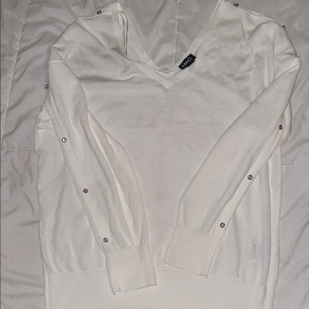 INC International Concepts White V-Neck Sweater